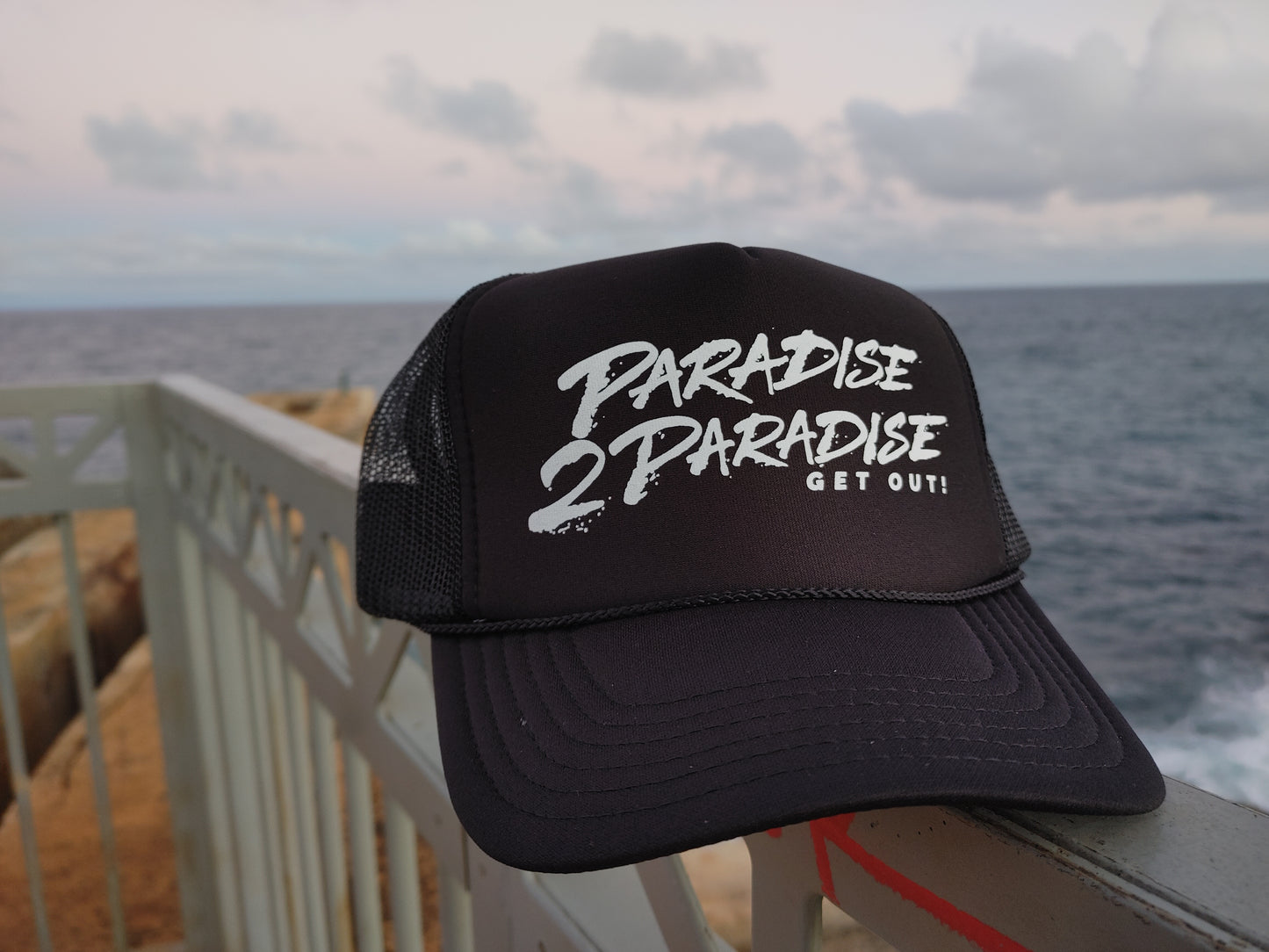 SALE! New Black colored Paradise2Paradise Get Out! Trucker Hats. Mesh backing for better air flow