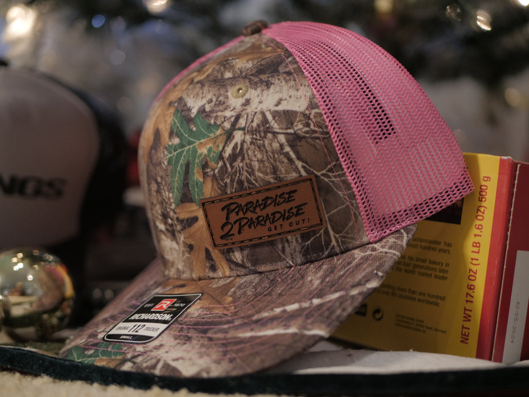 112-LP Richardson Leather Patch Trucker Cap. P2P Engraved in leather! Brown camo and pink