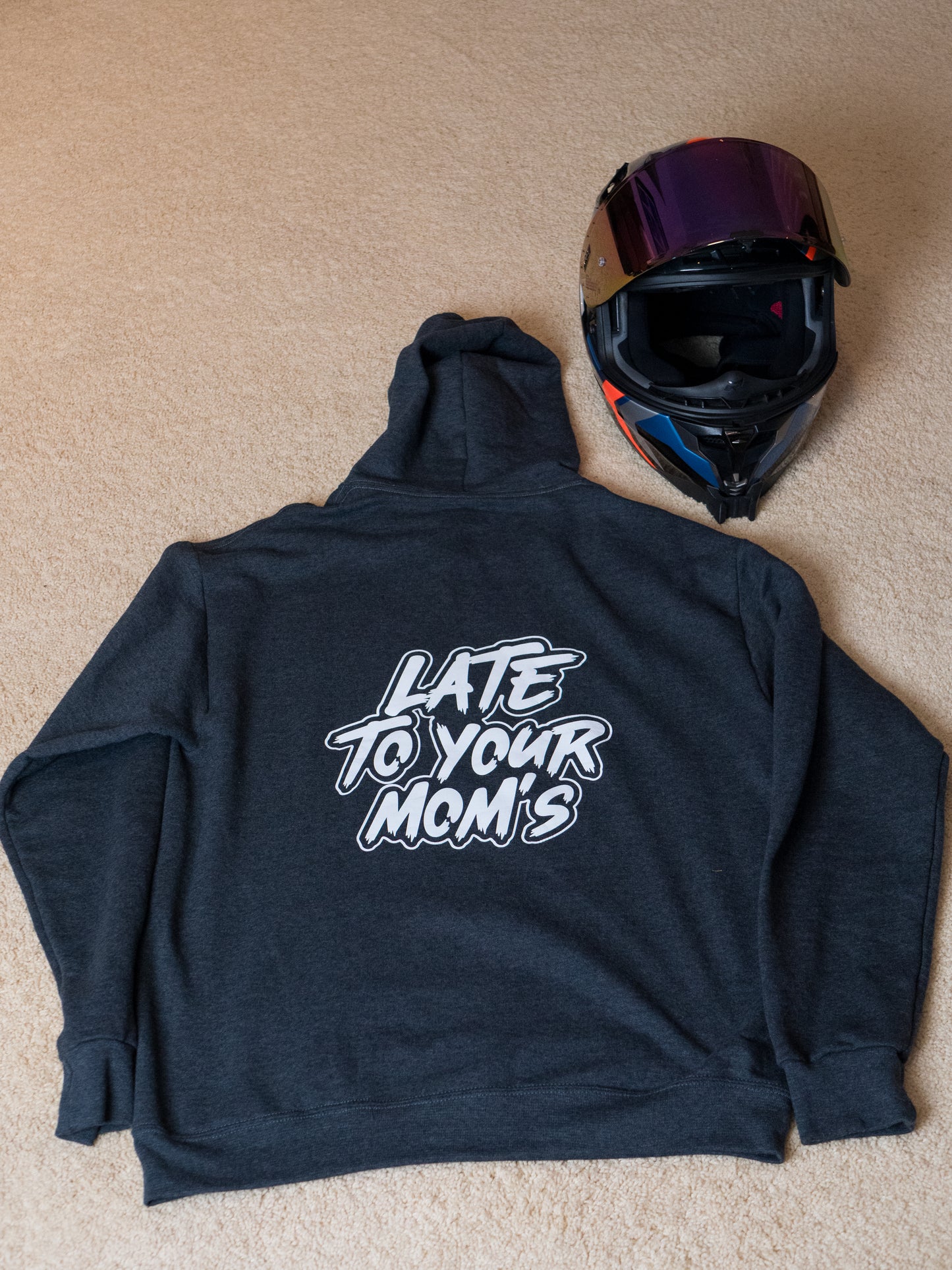 Unisex "Late to your mom's" Black Heather colored Fastkine hoodie
